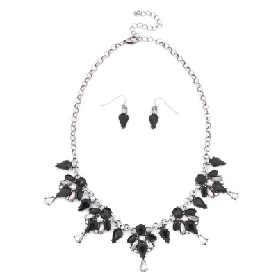 2tone-white Silver Black Hematite And White Crystal Necklace Earring Set