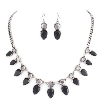 2tone-black Hematite Silver Teardrop Black Onyx Stone Necklace Earring Set