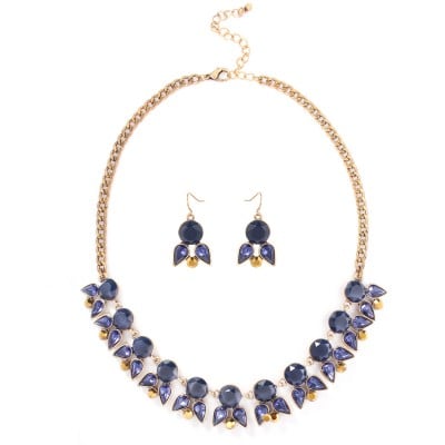 Gold Blue Stone With Crystal Necklace Earring Set