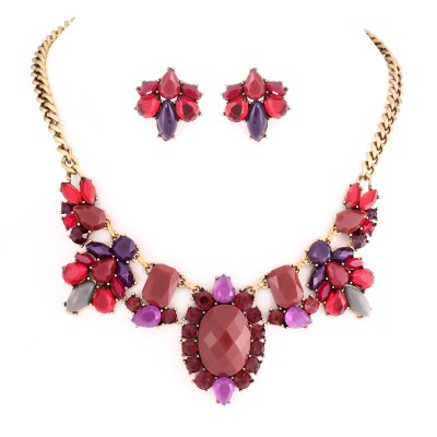 Red And Purple Stone With Multicolor Crystal Necklace Earring Set