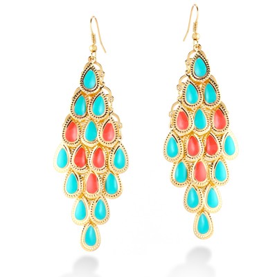 Gold Multi Coral Turquoise And Coral Epoxy Drop Earring