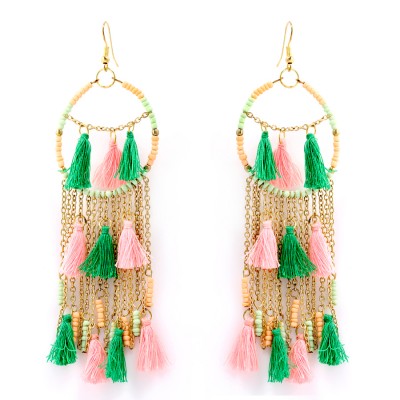 Gold Multicolor Pink And Green Beads Tassel Metal Earring