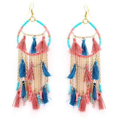 Gold Multicolor Turquoise And Peach Metal Beads Tassel Earring