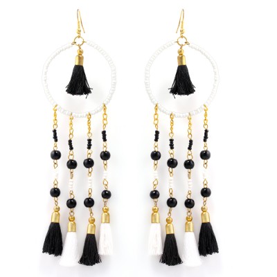 Gold Multicolor Black And White Beads Tassel Earring