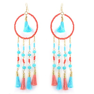 Gold Multicolor Coral And Turquoise Beads Tassel Earring