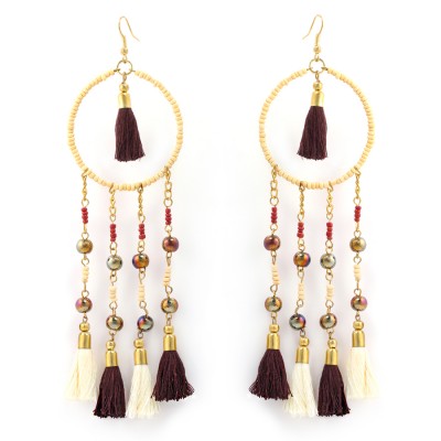 Gold Multi Ivory And Brown Beads Tassel Earring