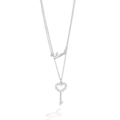 Silver Double Rows With Key And Love Pendant Necklace