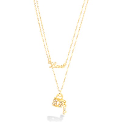 Gold Double Rows Chain With Little Lock And Love Pendant Necklace