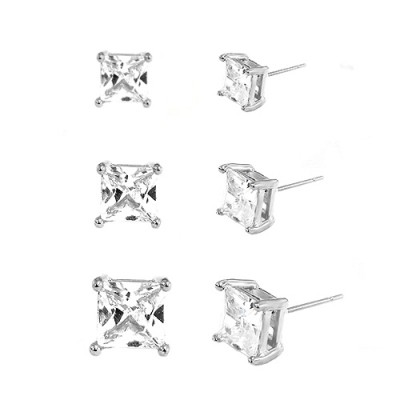 60 Mm., 70 Mm. & 80 Mm. Simple Square Clear Glass Crystal Silver Earrings - Set Of 3 Pieces, Size 6, 7, 8