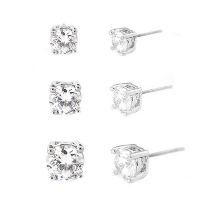 60 Mm., 70 Mm. & 80 Mm. Simple Round Clear Glass Crystal Silver Earrings - Set Of 3 Pieces, Size 6, 7, 8