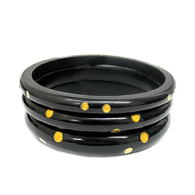Gold Polka Dot Black Plastic Bangles, Set Of 3 Pieces
