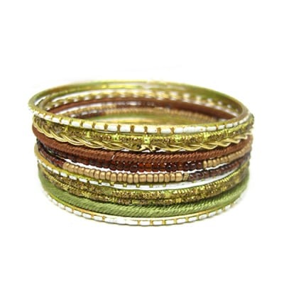 Gold Multicolor Olive And Brown Mixed Glittering Thin Bangles, Set Of 11 Pieces