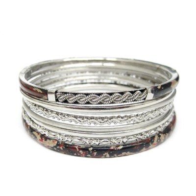 Silver-multicolor Black And Red Mixed Artistic Bangles, Set Of 8 Pieces
