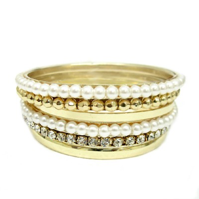 Gold Glitz Bangles With Pearl And Rhinestone, Set Of 6 Pieces