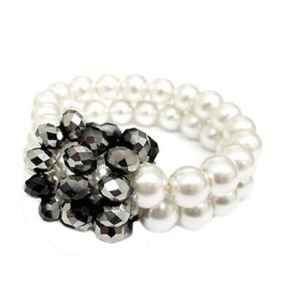 Cream Pearl With Silver Glass Crystal Double Stretch Bracelet