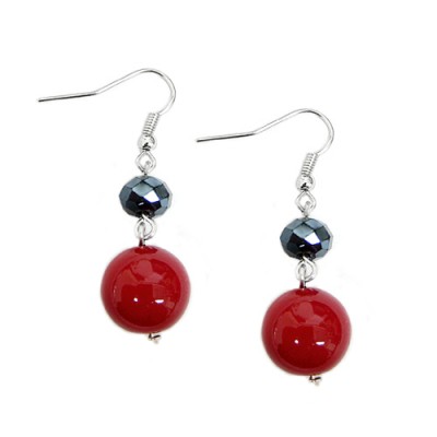 Black Jet Glass Crystal With Red Pearl Dangle Earrings