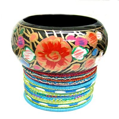 Gold Multicolor Flower Pattern Bangles, Set Of 18 Pieces