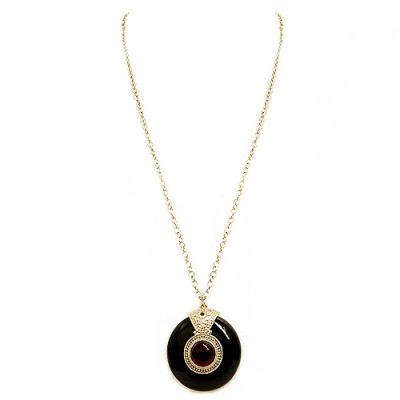 Black Round Pendant With Red Bead With Gold Chain Long Necklace