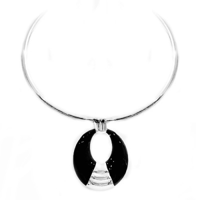 Silver And Black Enamel Oval Shape Choker Necklace