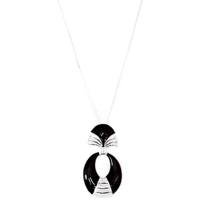 Silver And Black Enamel Oval Shape Long Necklace