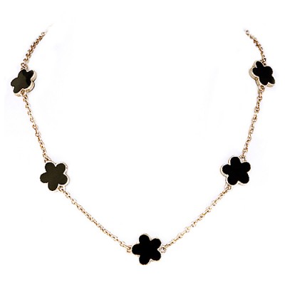 Black Enamel Five Leaves Clover Gold Necklace