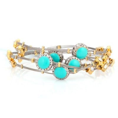 2tone Turquoise Rhodium Gold Bracelet, Set Of 5 Pieces