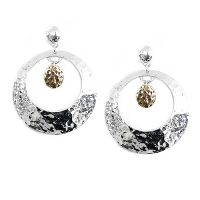 2 Tone Silver Hammered Open Round With Gold Round Metal Stud Earrings