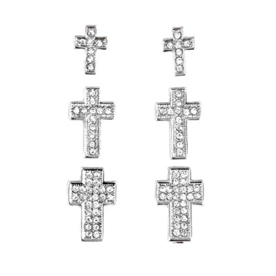 Rhodium Crystal Rhinestone Silver Cross Stud Earrings, Set Of 3 Pair