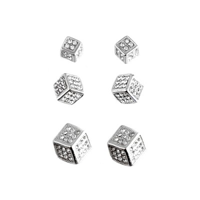 Rhodium Crystal Rhinestone Silver Cube Stud Earrings, Set Of 3 Pair