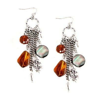 Silver & Tortoise Brown Bead And Mother Of Pearl Charm Silver Earrings