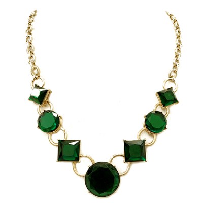 Round And Square Mixed Emerald Green Glass Crystal Gold Necklace