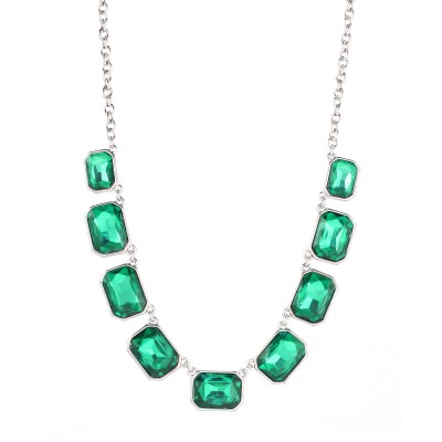 Silver-oxide Tone Green Crystals Necklace