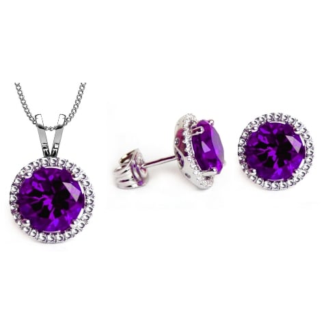 Gs004-am 6 Mm. Round Shape Rhodium Plated Amethyst Color Pendant & Earrings Set Made With Crystals