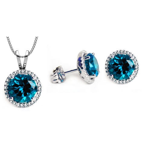 Gs004-aq 6 Mm. Round Shape Rhodium Plated Aquamarine Color Pendant & Earrings Set Made With Crystals