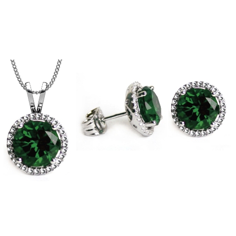 Gs004-em 6 Mm. Round Shape Rhodium Plated Emerald Color Pendant & Earrings Set Made With Crystals