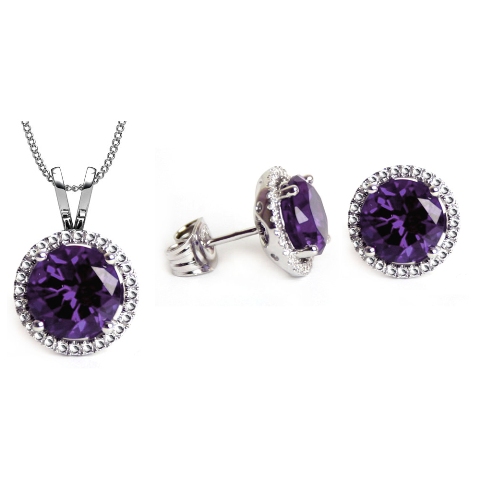 Gs004-tz 6 Mm. Round Shape Rhodium Plated Tanzanite Color Pendant & Earrings Set Made With Crystals