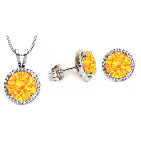 Gs004-tpz 6 Mm. Round Shape Rhodium Plated Topaz Color Pendant & Earrings Set Made With Crystals