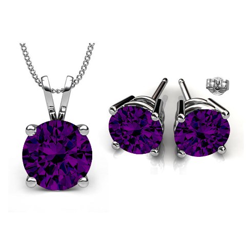 Gs005-am 6 Mm. Round Shape Rhodium Plated Amethyst Color Pendant & Earrings Set Made With Crystals