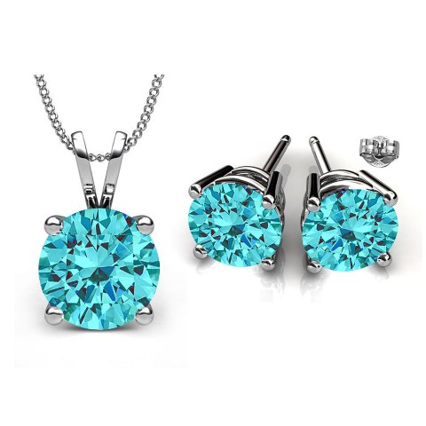 Gs005-aq 6 Mm. Round Shape Rhodium Plated Aquamarine Color Pendant & Earrings Set Made With Crystals