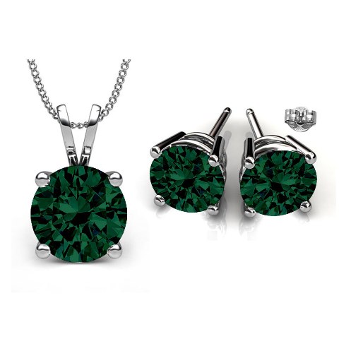 Gs005-em 6 Mm. Round Shape Rhodium Plated Emerald Color Pendant & Earrings Set Made With Crystals