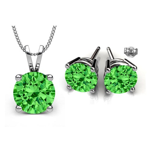 Gs005-pr 6 Mm. Round Shape Rhodium Plated Peridot Color Pendant & Earrings Set Made With Crystals