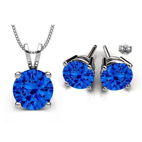 Gs005-sp 6 Mm. Round Shape Rhodium Plated Sapphire Color Pendant & Earrings Set Made With Crystals