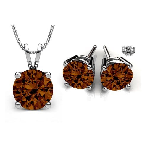 Gs005-st 6 Mm. Round Shape Rhodium Plated Smoky Topaz Color Pendant & Earrings Set Made With Crystals