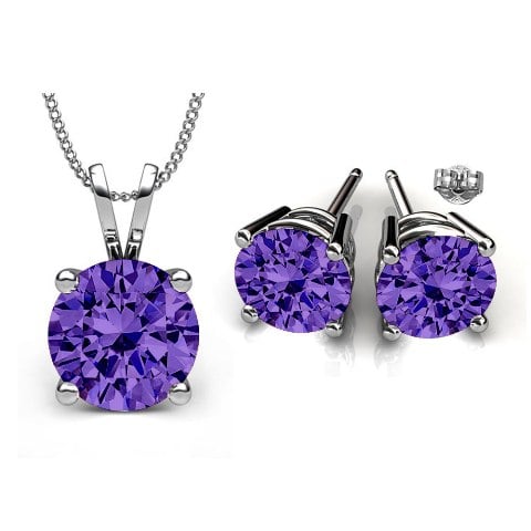 Gs005-tz 6 Mm. Round Shape Rhodium Plated Tanzanite Color Pendant & Earrings Set Made With Crystals