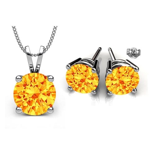 Gs005-tpz 6 Mm. Round Shape Rhodium Plated Topaz Color Pendant & Earrings Set Made With Crystals