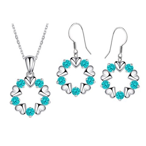 Gs022-aq Rhodium Plated Aquamarine Color Pendant & Earrings Set Made With Crystals