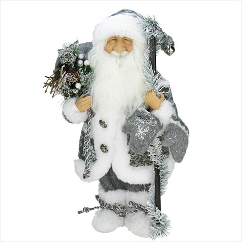 16 In. Grey And White Standing Country Santa Holding Branches Mittens And Sack