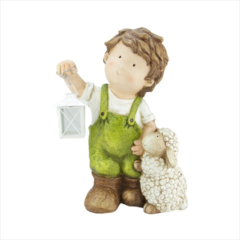 16.5 In. Young Boy Holding A Lantern With Lamb Outdoor Patio Garden Statue