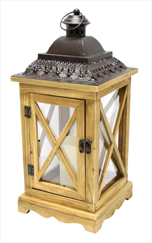 17.5 In. Rustic Wooden Lantern With Brown Metal Top & Led Flameless Pillar Candle With Timer
