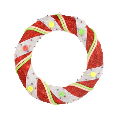 18 In. Pre-lit Red & White Candy Cane Stripe Sisal Artificial Christmas Wreath - Clear Lights
